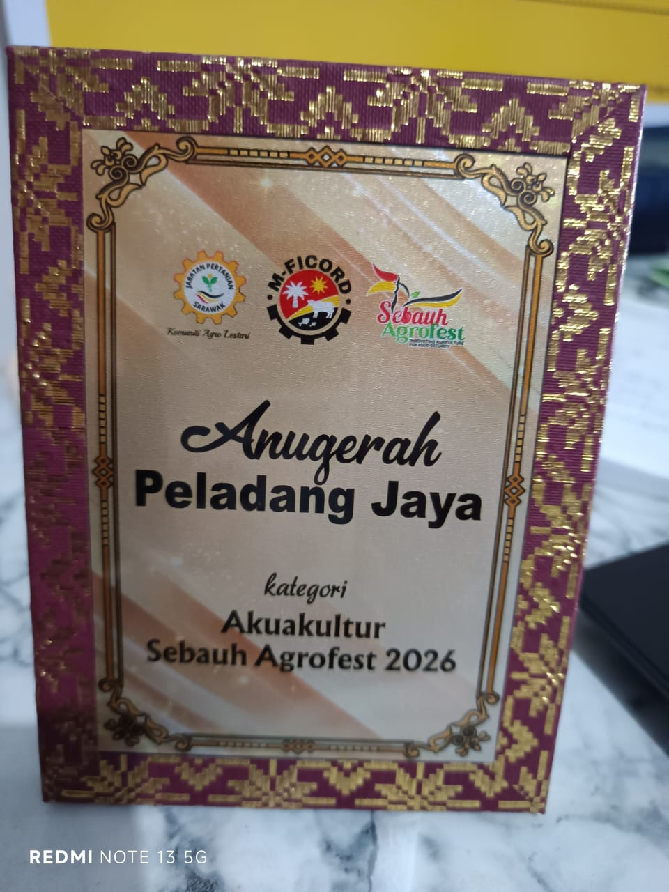 Anugerah Peladang Jaya aquaculture award plaque, Sebauh Agrofest 2026